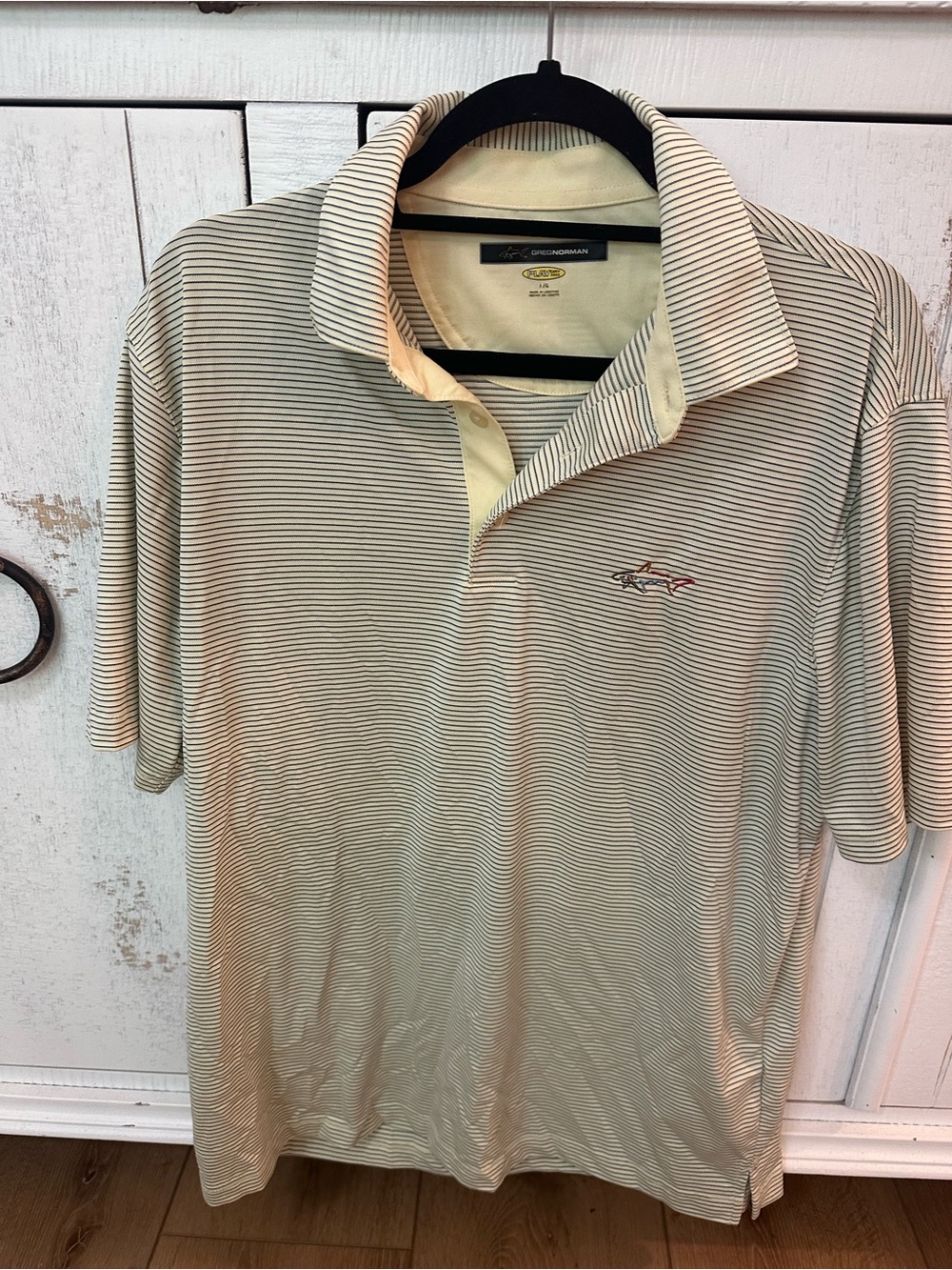 Greg Norman Collection Cream and Black Thin-Stripe Polo